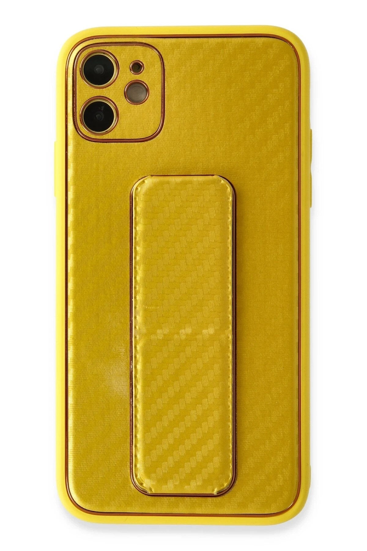 Mey İthalat® iPhone 12 Kılıf Coco Karbon Standlı Kapak - Sarı