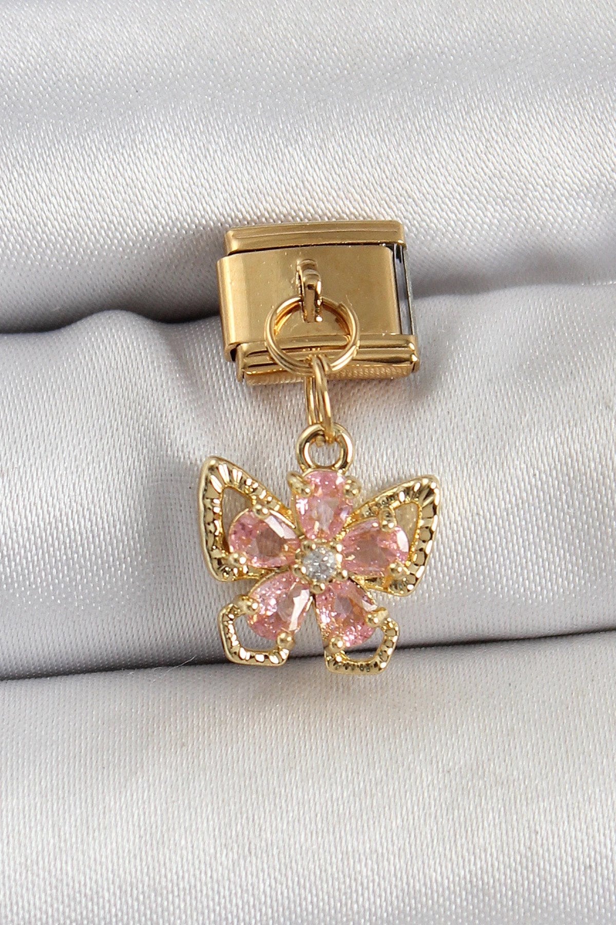Mey İthalat® 316L Çelik Sallantılı Zirkon Taşlı Çiçek Figürlü Kelebek Model Gold Renk Nomination Charm