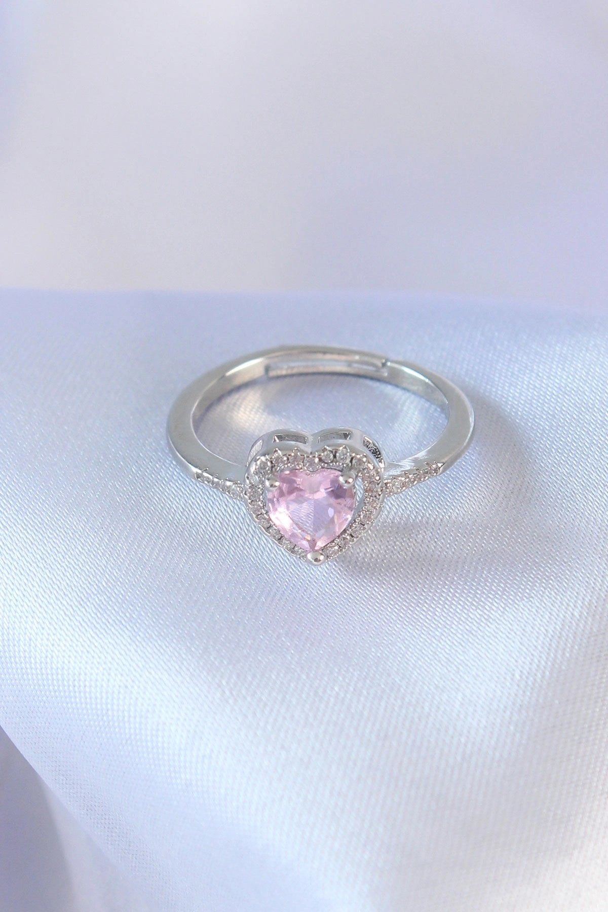 Mey İthalat® Gümüş Renk Pembe Zirkon Taşlı Kalp Charm Model Pirinç Kadın Yüzük