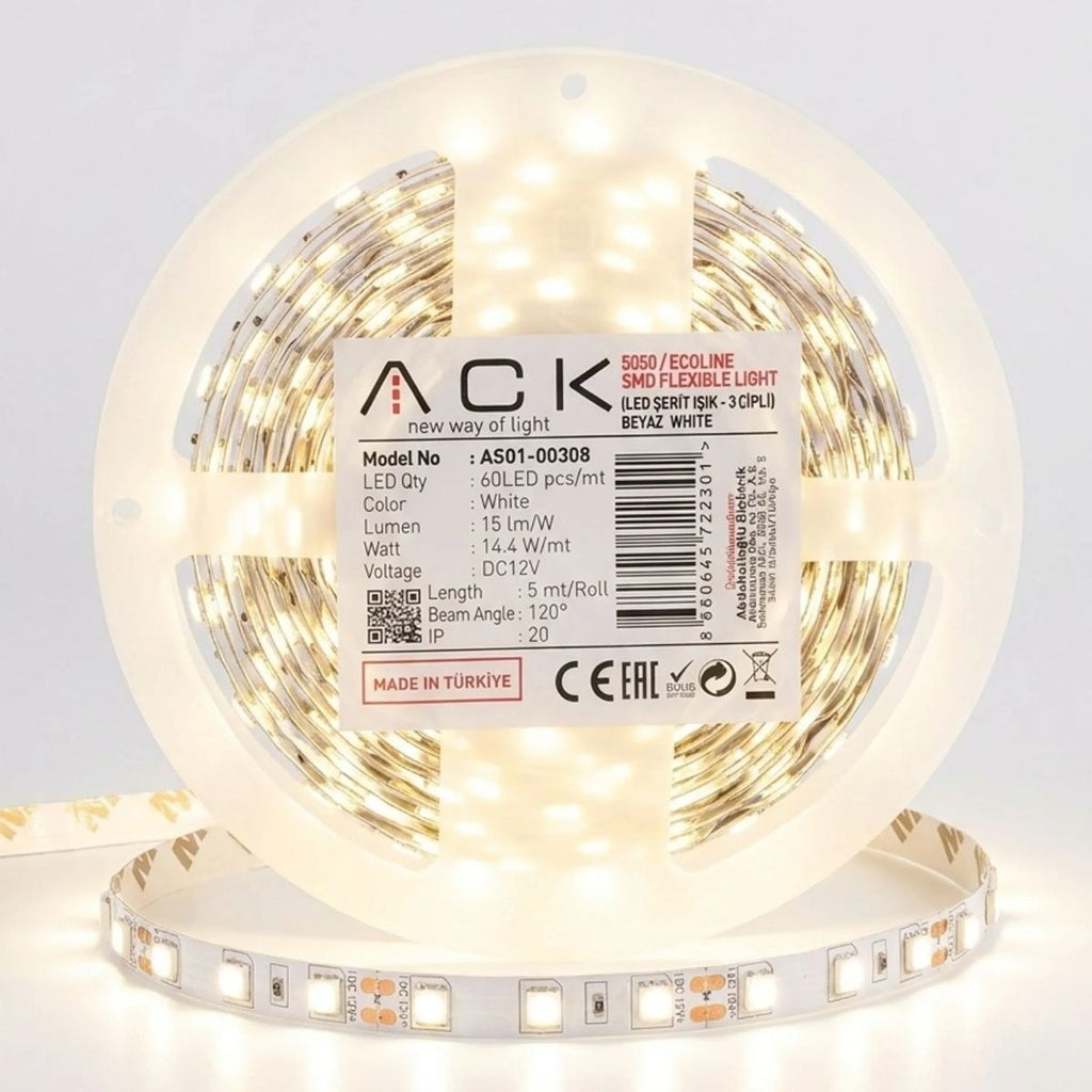 Beyaz LED Şerit 5m – 60 LED/m 12V 14.4W Güçlü 3 Çipli Işık Şerit Led
