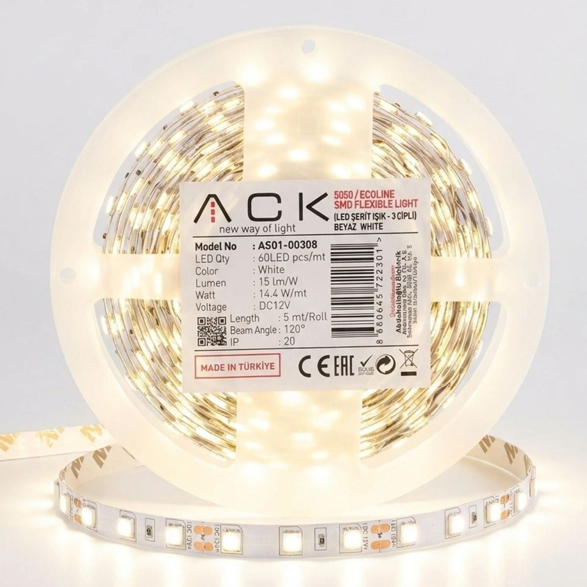 Beyaz LED Şerit 5m – 60 LED/m 12V 14.4W Güçlü 3 Çipli Işık Şerit Led