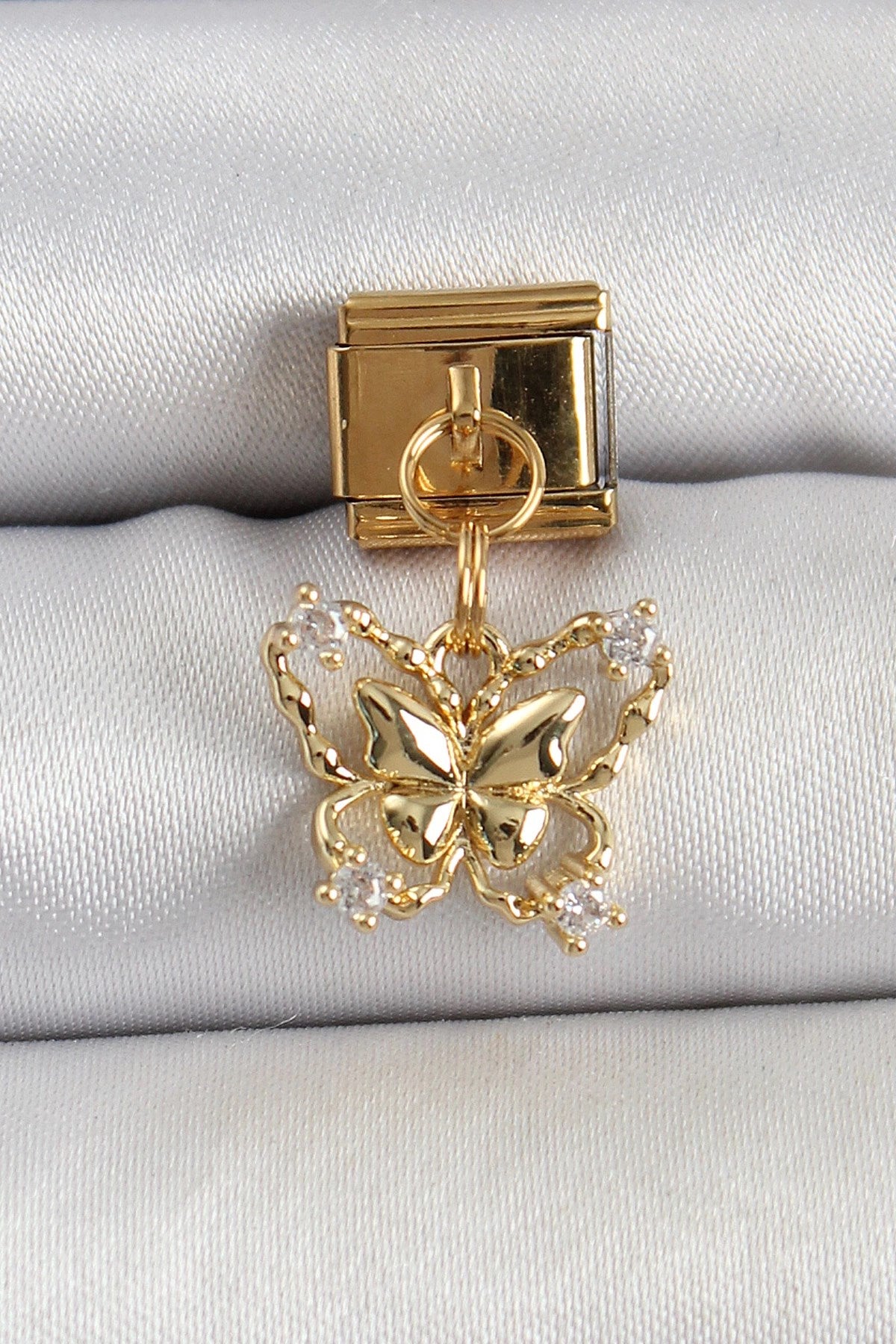 Mey İthalat® 316L Çelik Sallantılı Zirkon Taşlı Kelebek Model Gold Renk Nomination Charm