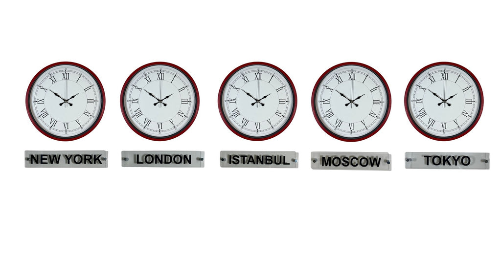 Elite Kırmızı 36 Cm 5 li Tabelalı Dünya Saatleri