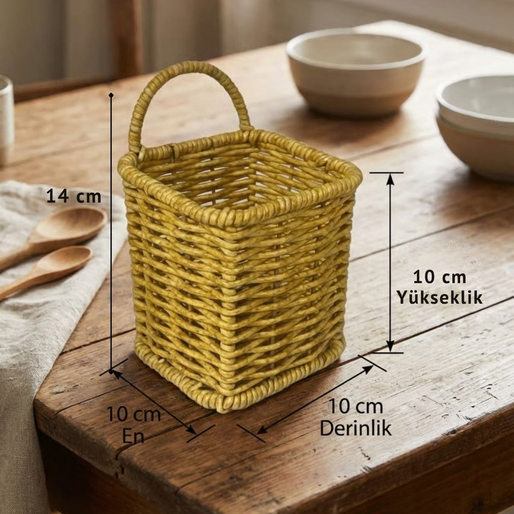 Kare Hasır Dokulu Plastik Rattan Kaşıklık & Çatallık – Askılı Kendiliğinden Tutmalı Çok Amaçlı Mutfak Organizeri