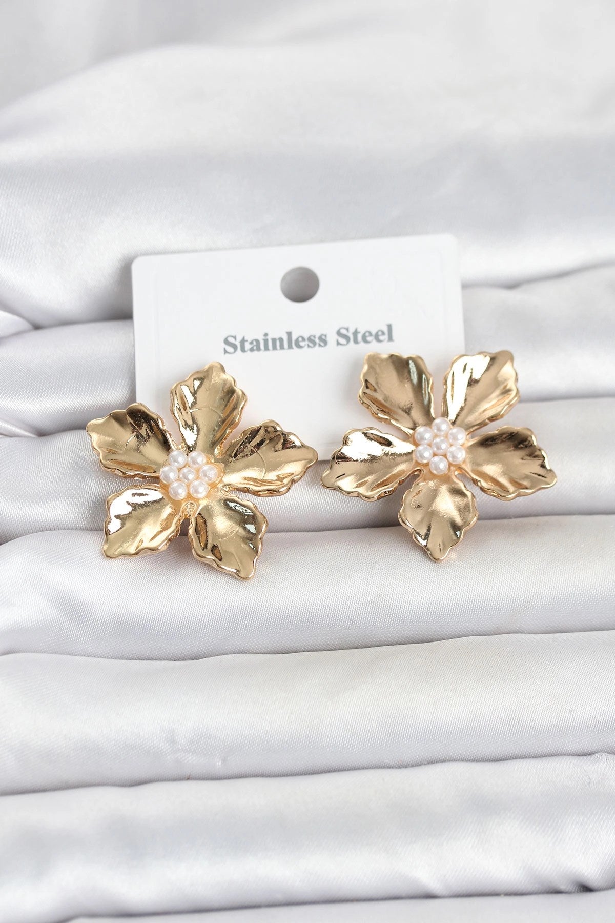 Mey İthalat® 316L Çelik Gold Renk Lotus Çiçek Model Kadın Küpe