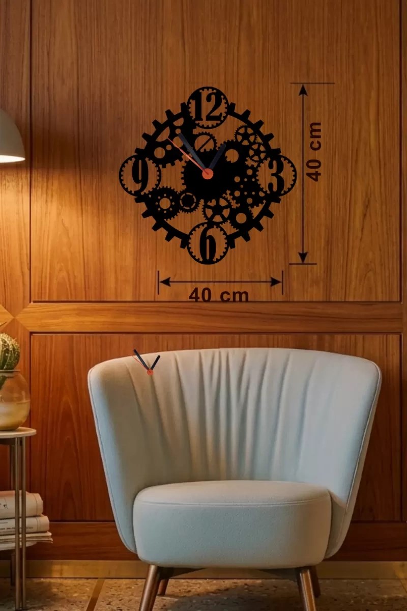 Mey İthalat® Mekanik Dişli Çark Tasarım Ahşap Duvar Saati - 40x40 cm Steampunk Dekor
