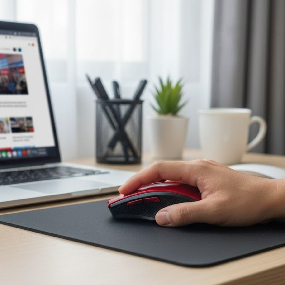 Kırmızı Renkli Baş Parmak Destekli Ergonomik Sessiz Kablosuz Mouse – USB Alıcılı, Ofis ve Oyun İçin Konforlu Bilgisayar Faresi MS6300