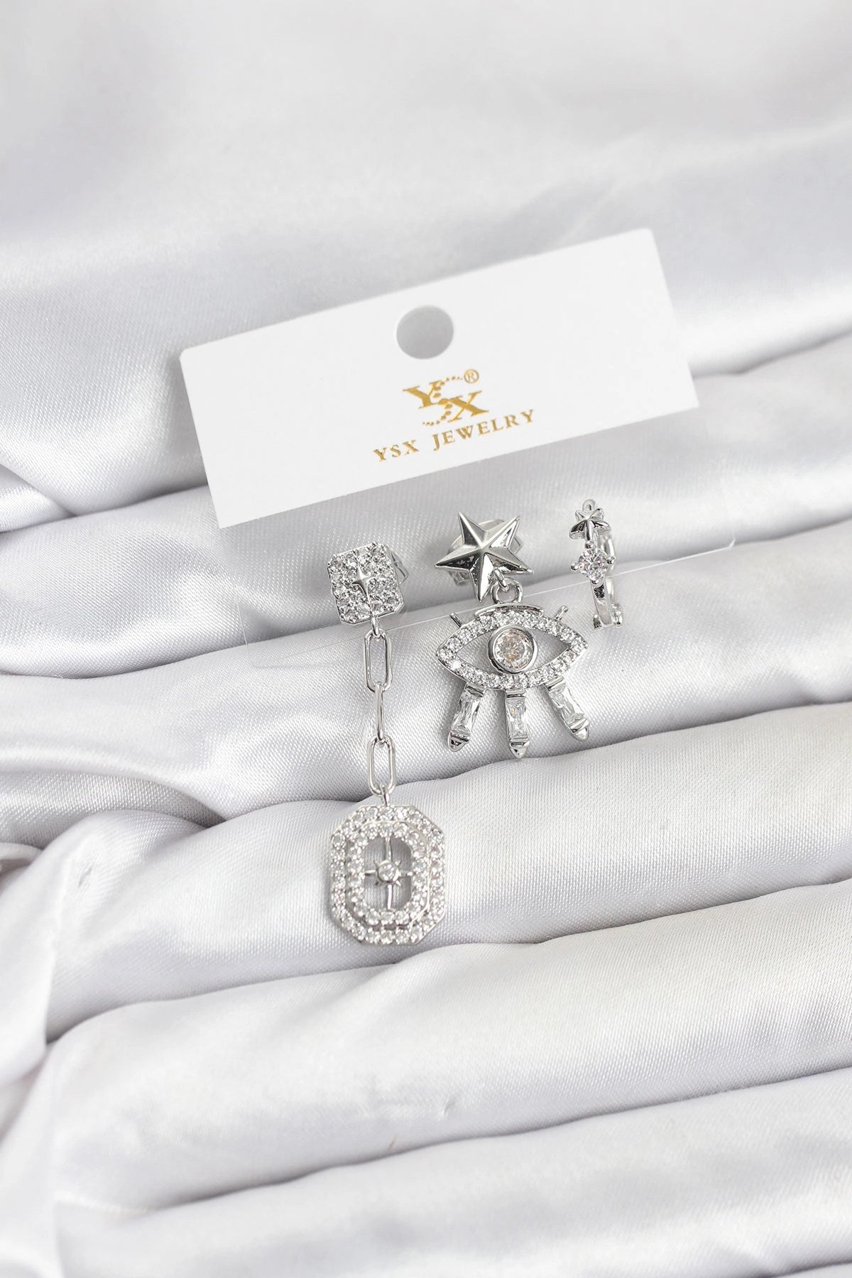 Mey İthalat® Pirinç Gümüş Renk Göz ve Kutup Yıldızı Model YSX Trio Küpe Seti