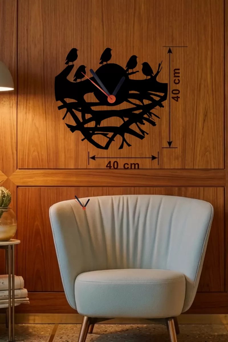Mey İthalat® Dallarda Kuşlar Tasarım Ahşap Duvar Saati - 40x40 cm Dekoratif Saat