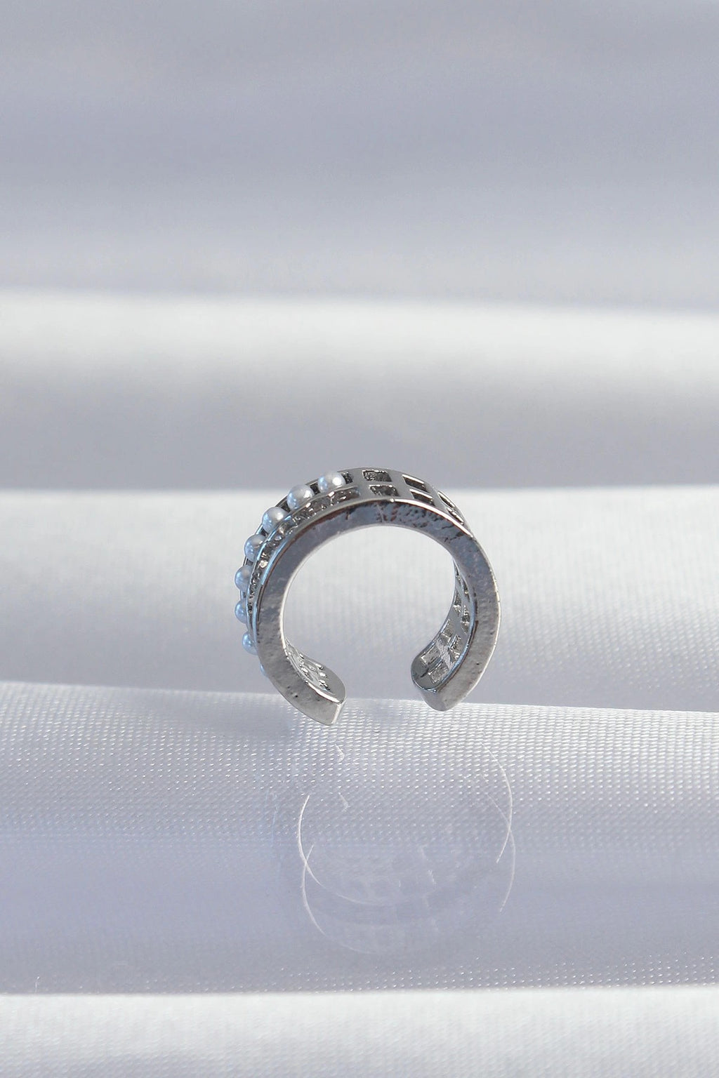 Mey İthalat® Pirinç Gümüş Renk İncili Baget Taşlı Earcuff Küpe