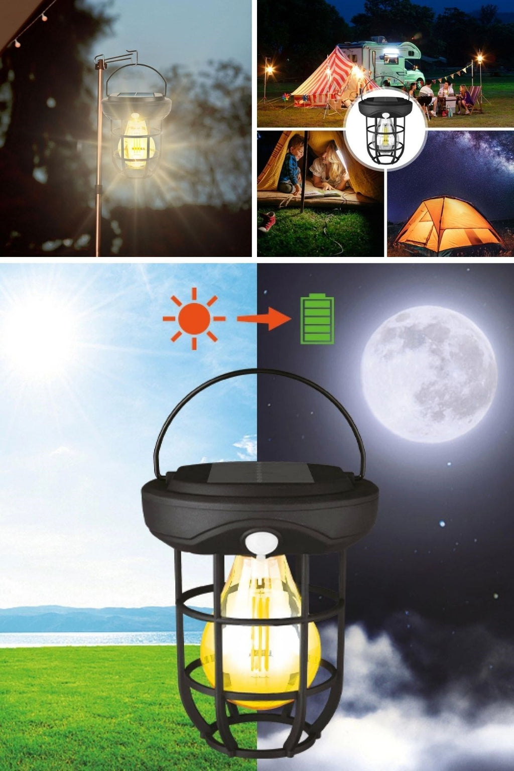 Solar Kamp Feneri – Güneş Enerjili, Otomatik Şarj ve Gece Işığı, Taşınabilir ve Asılabilir LED Dış Mekan Lamba