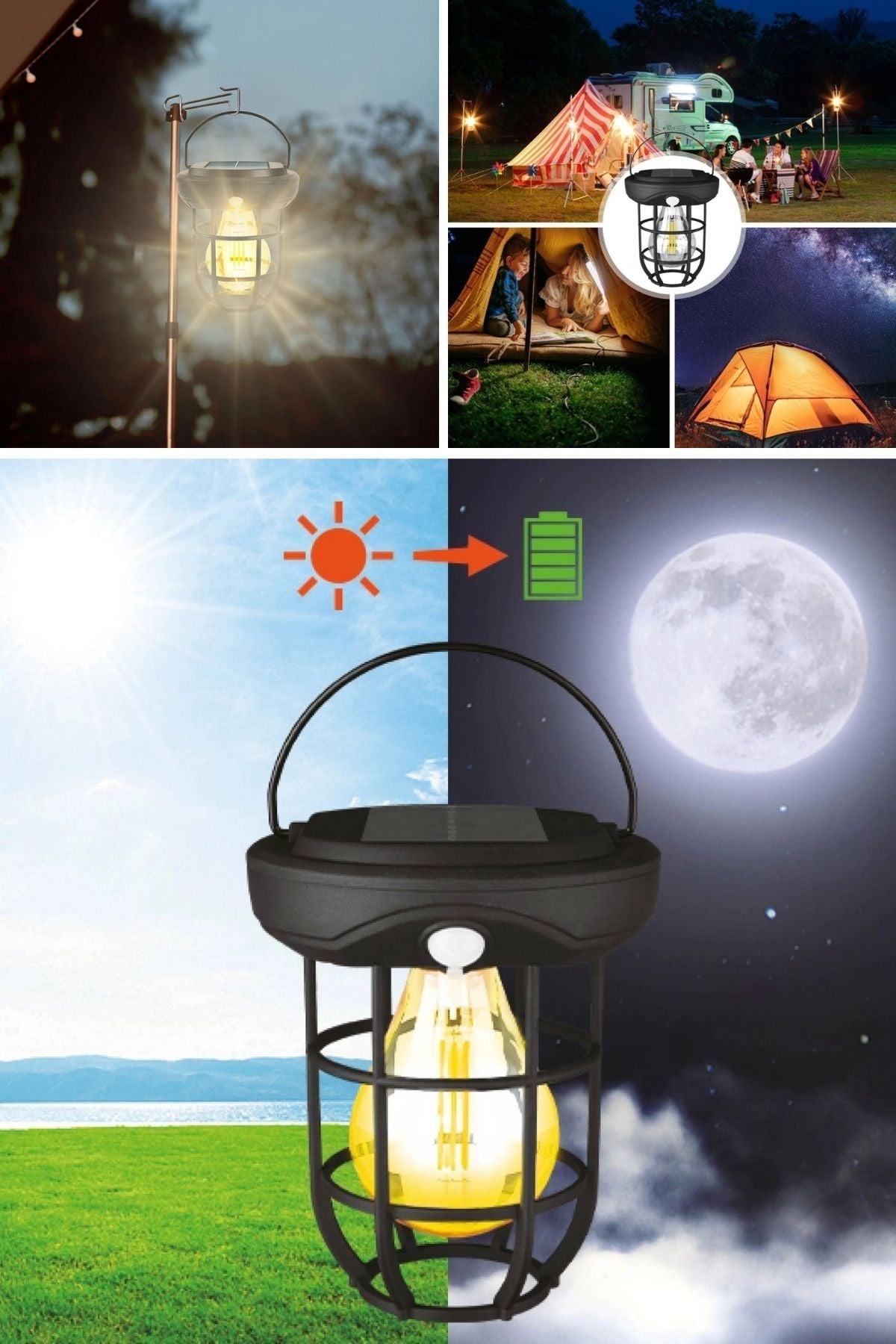 Solar Kamp Feneri – Güneş Enerjili, Otomatik Şarj ve Gece Işığı, Taşınabilir ve Asılabilir LED Dış Mekan Lamba