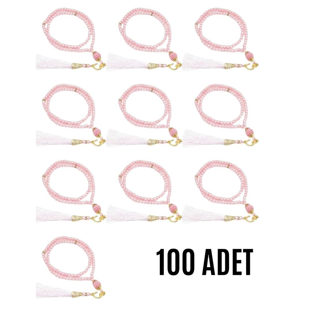 Namaz Tesbihi Vavlı 99'lu Cam İncili 35 Besmele-i Şerif Dua Kartı İle Pembe Renk Hediyelik 100 Adet