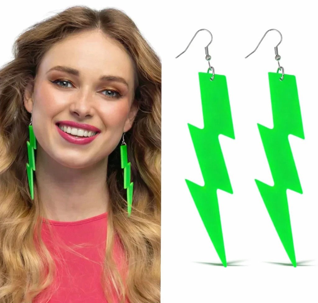 Mey İthalat® 80’ler 90&amp;#39;lar Retro Neon Yeşil Şimşek Küpe 10 cm