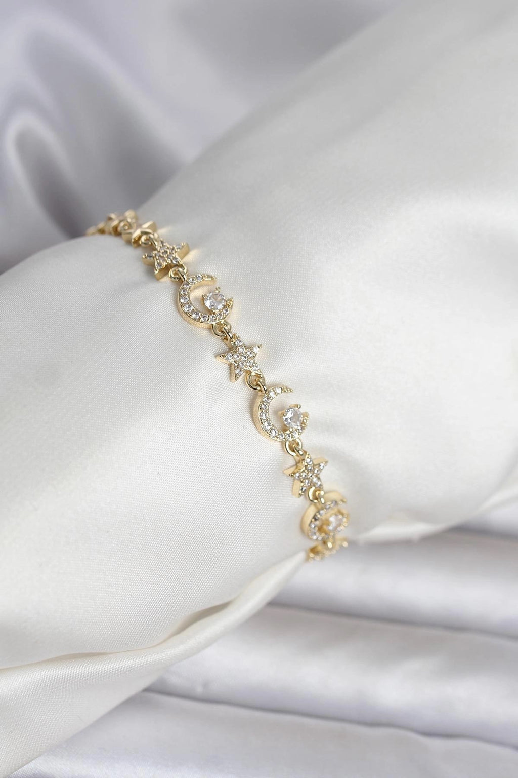 Mey İthalat® Pirinç Gold Renk Zirkon Taşlı Ay ve Yıldız Model Kadın Bileklik