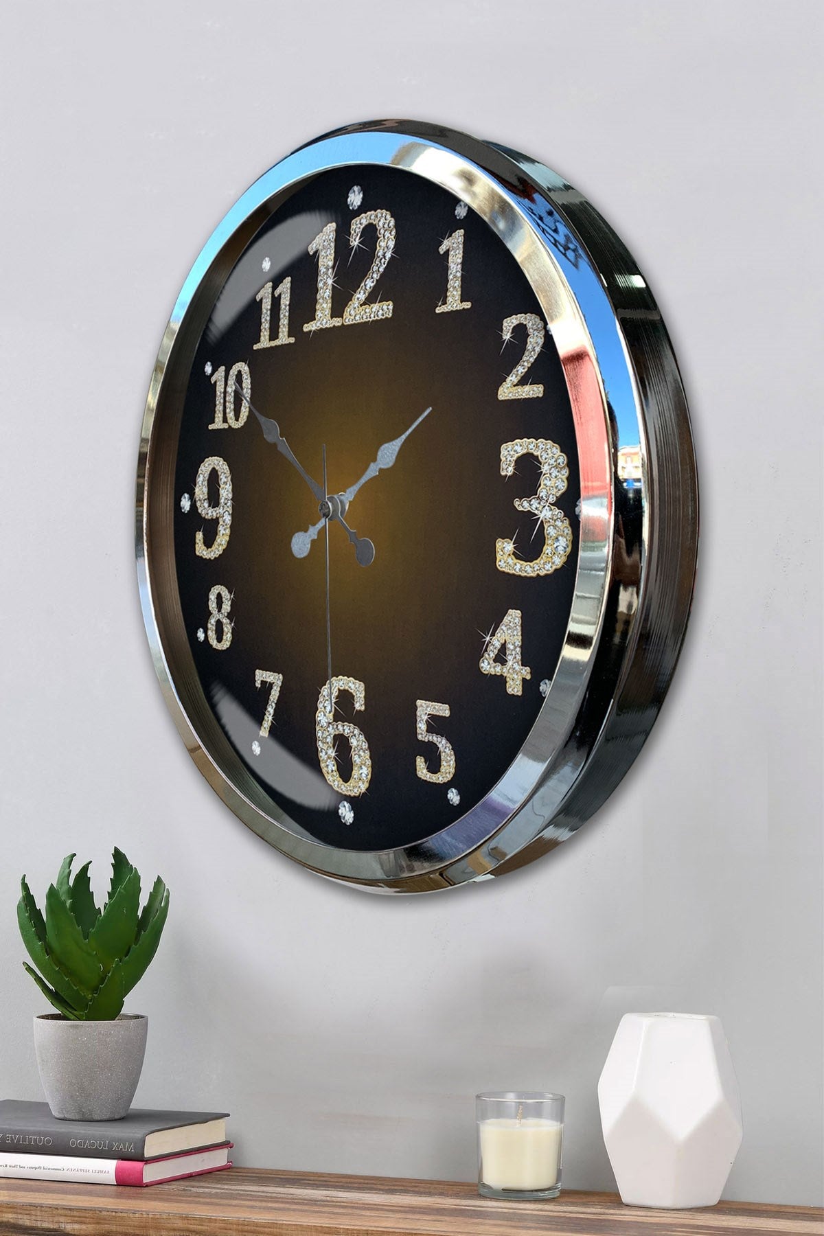 Krom Işıltılı Zaman 52 Cm Metal Duvar Saati