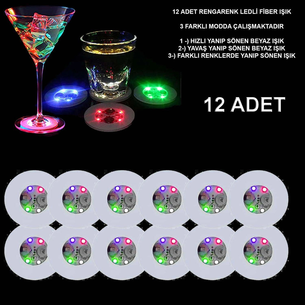 Mey İthalat® Renkli LED Işıklı Bardak Altlığı - Dekoratif (12 Adet, Pilli)