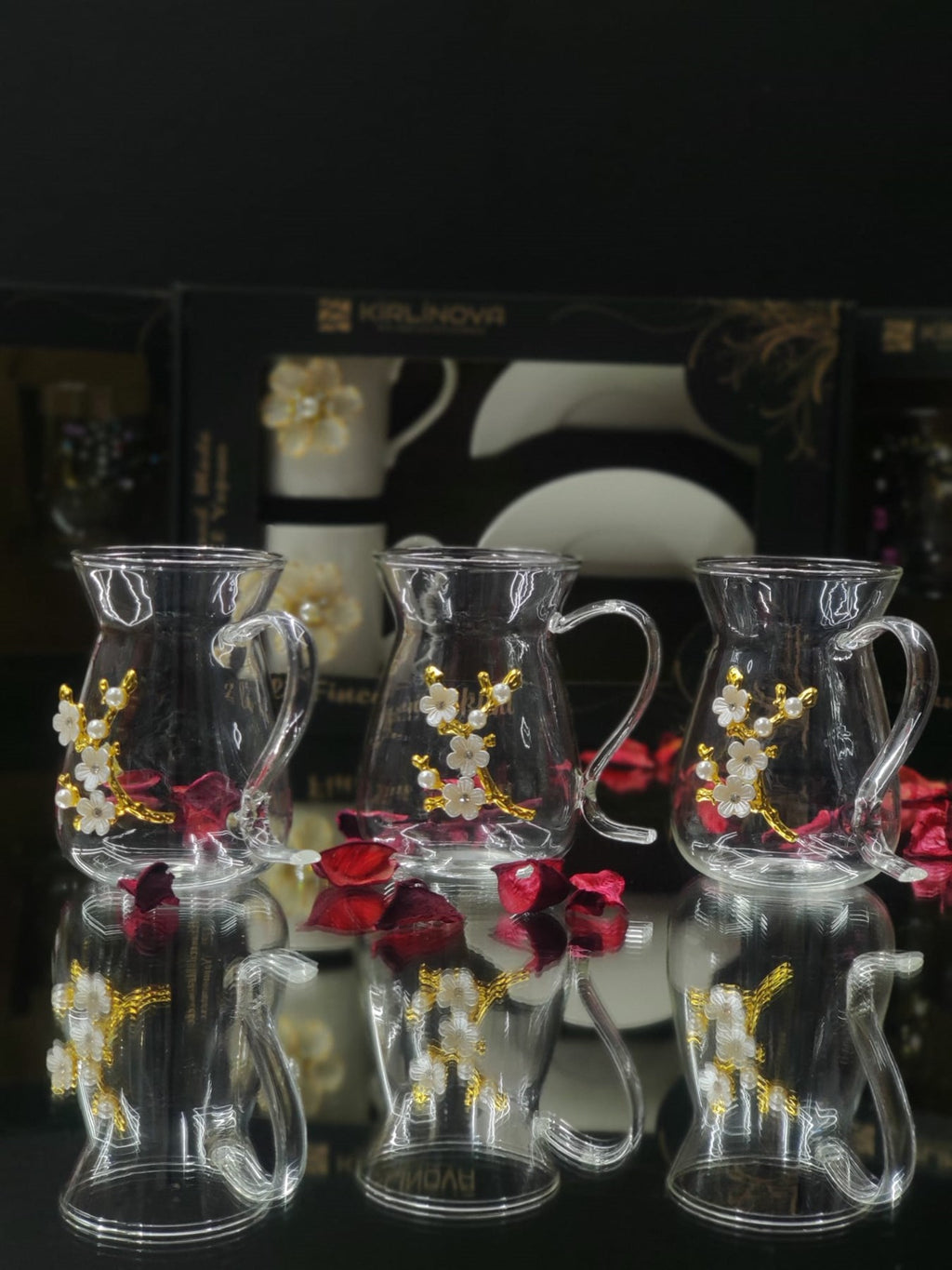 KİRLİNOVA® BAHAR DALI 3'LÜ KULPLU ÇAY BARDAĞI