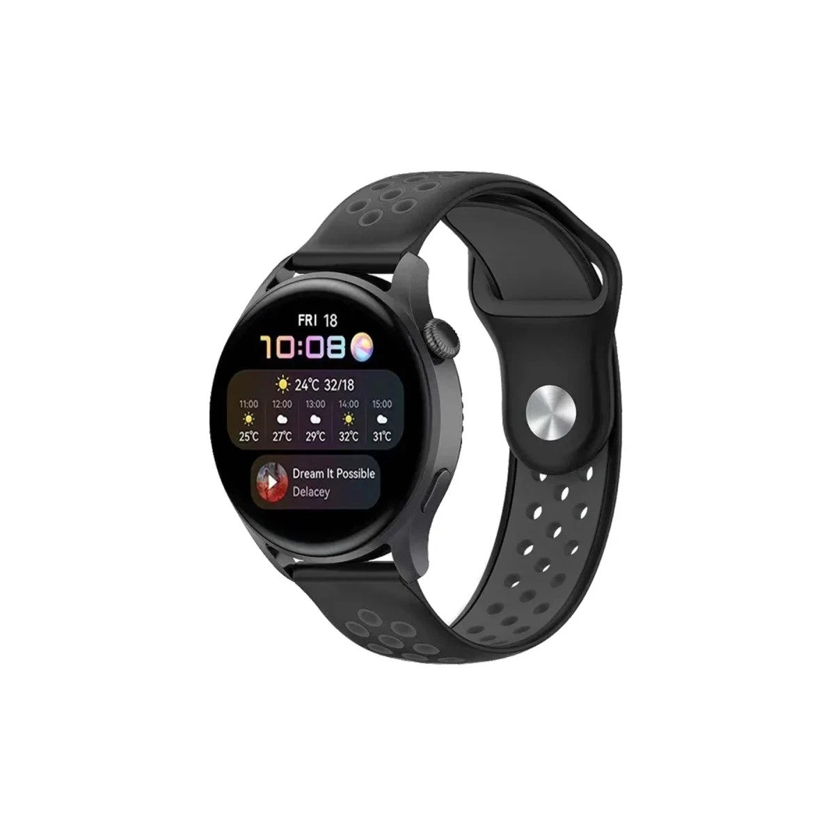 Mey İthalat® Watch 20mm Spor Delikli Kordon - Siyah-Füme