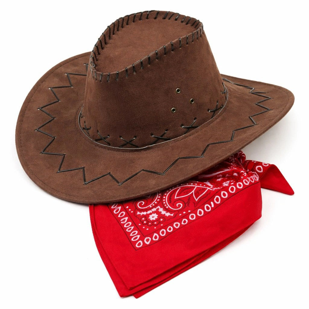 Mey İthalat® Çocuk Kovboy Şapka Kahverengi &amp; Kırmızı Bandana Fular Seti