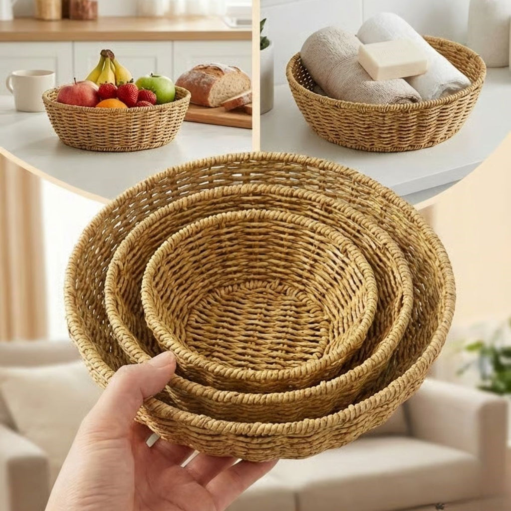 3’lü Plastik Rattan Çanak Seti – Hasır Görünümlü İç İçe Geçebilen Sunum ve Düzenleme Kaseleri, Mutfak & Masaüstü Çok Amaçlı Organizer