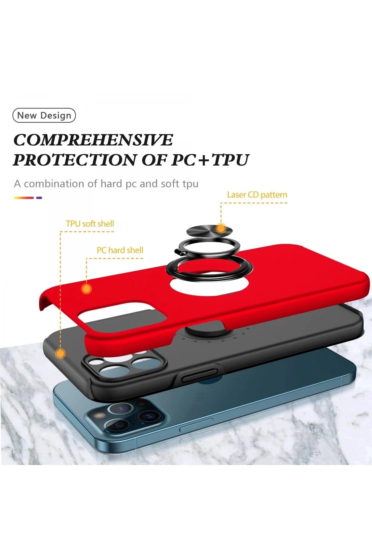 Mey İthalat® iPhone 12 Pro Kılıf Elit Yüzüklü Kapak - Kırmızı