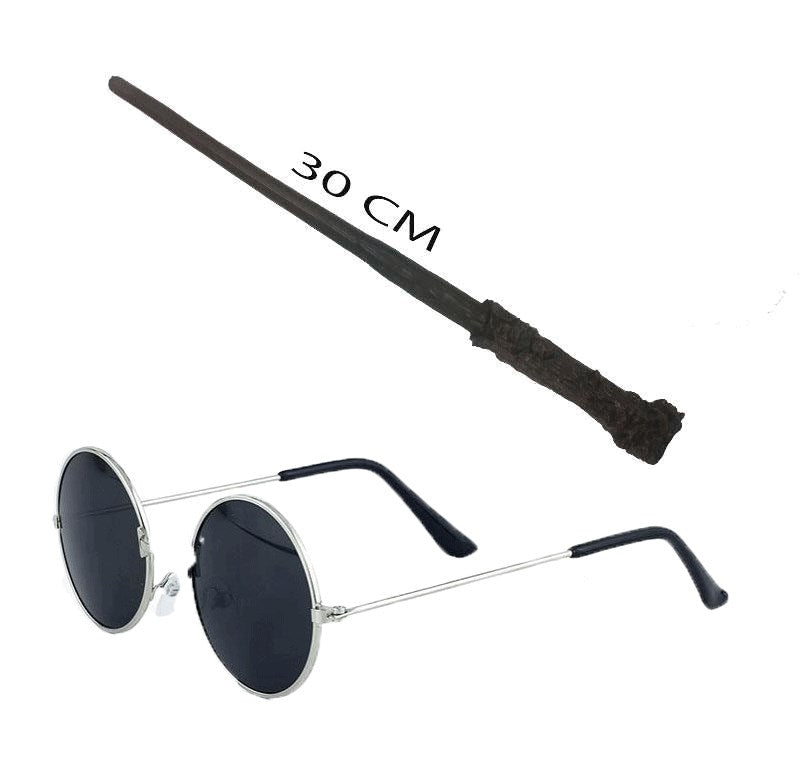 Mey İthalat® Harry Potter Asası 30 cm ve Siyah Metal Çerçeveli Harry Potter Gözlüğü Seti