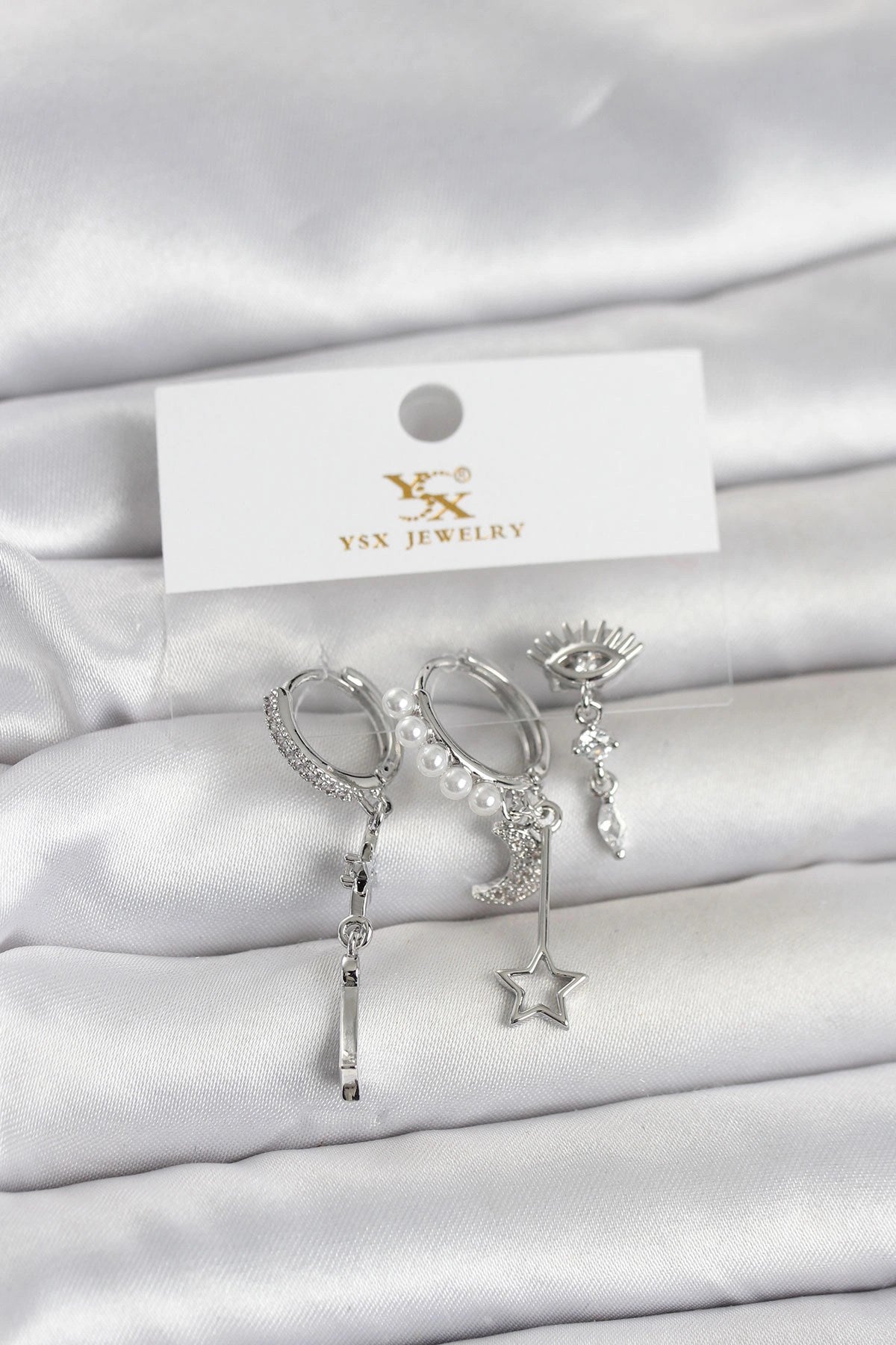 Mey İthalat® Pirinç Gümüş Renk Zirkon Taşlı Gece Temalı 3'lü Kadın Küpe