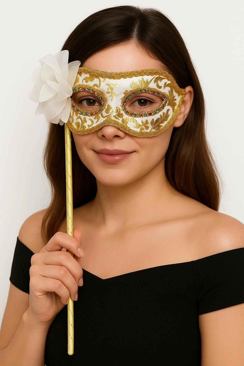 Mey İthalat® Lüks Taşlı Saplı Maskeli Balo Maskesi Beyaz Renk 35 cm