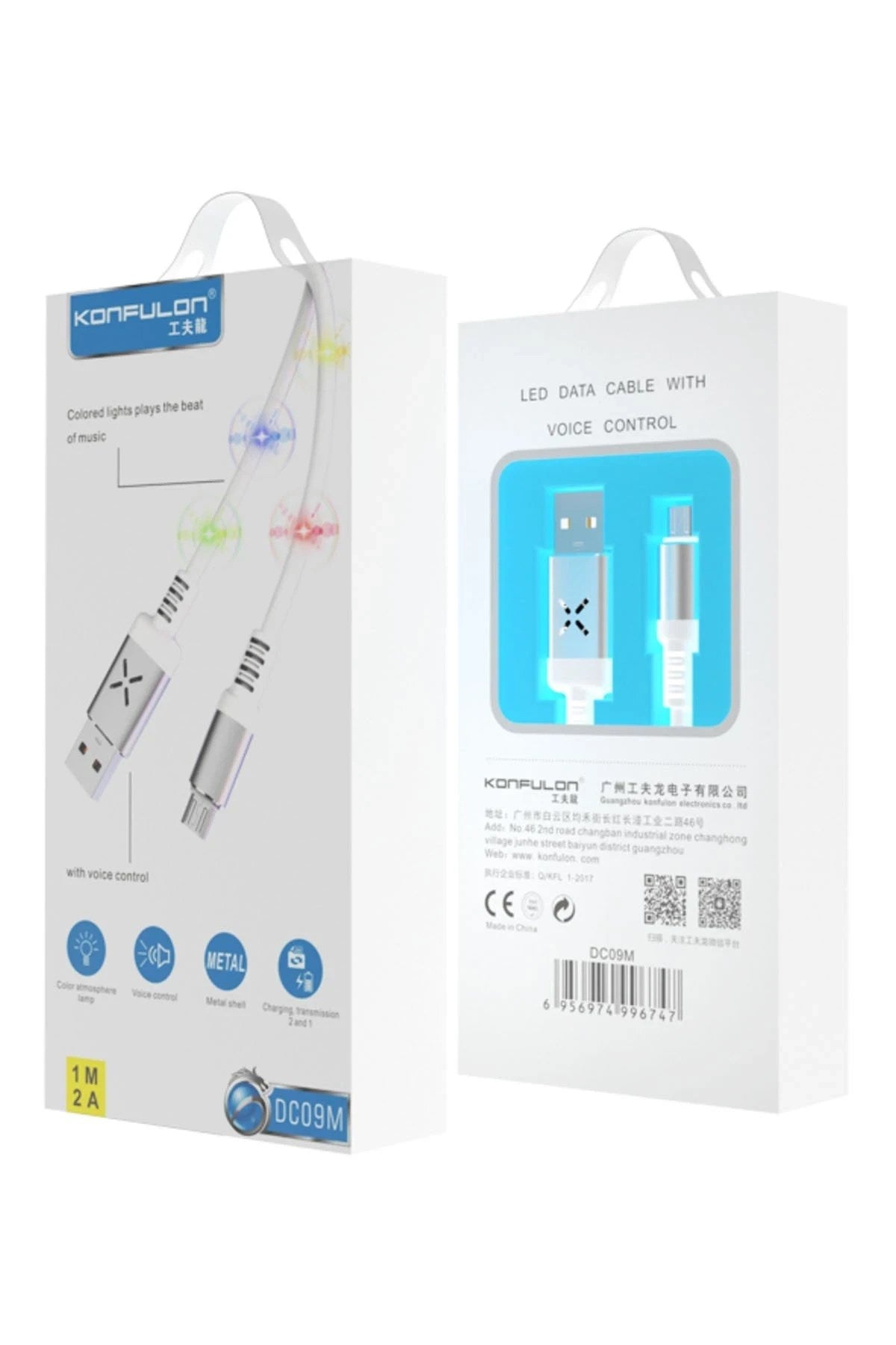 Mey İthalat® DC09 Ses Duyarlı Işıklı Micro USB Kablo 1M 2A - Beyaz