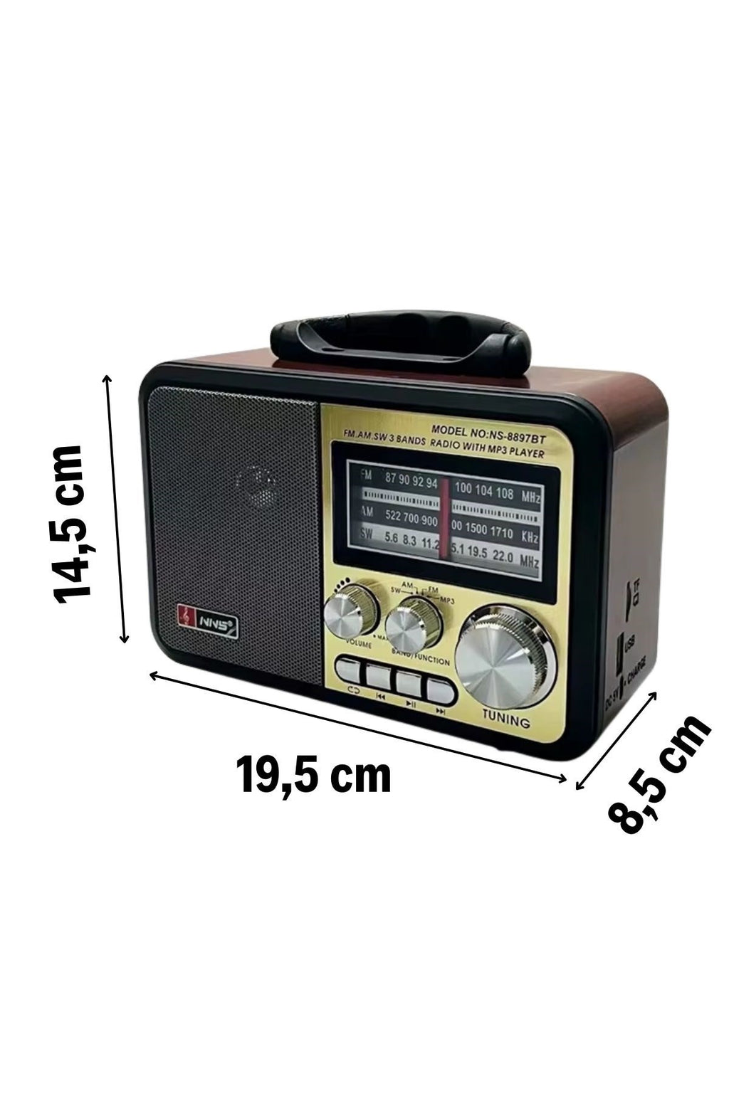 Orta Boy Retro, Nostaljik, Ahşap Tasarım Bluetooth Hoparlörlü, Şarjlı, Taşınabilir FM/AM Destekli Radyo NS-8897