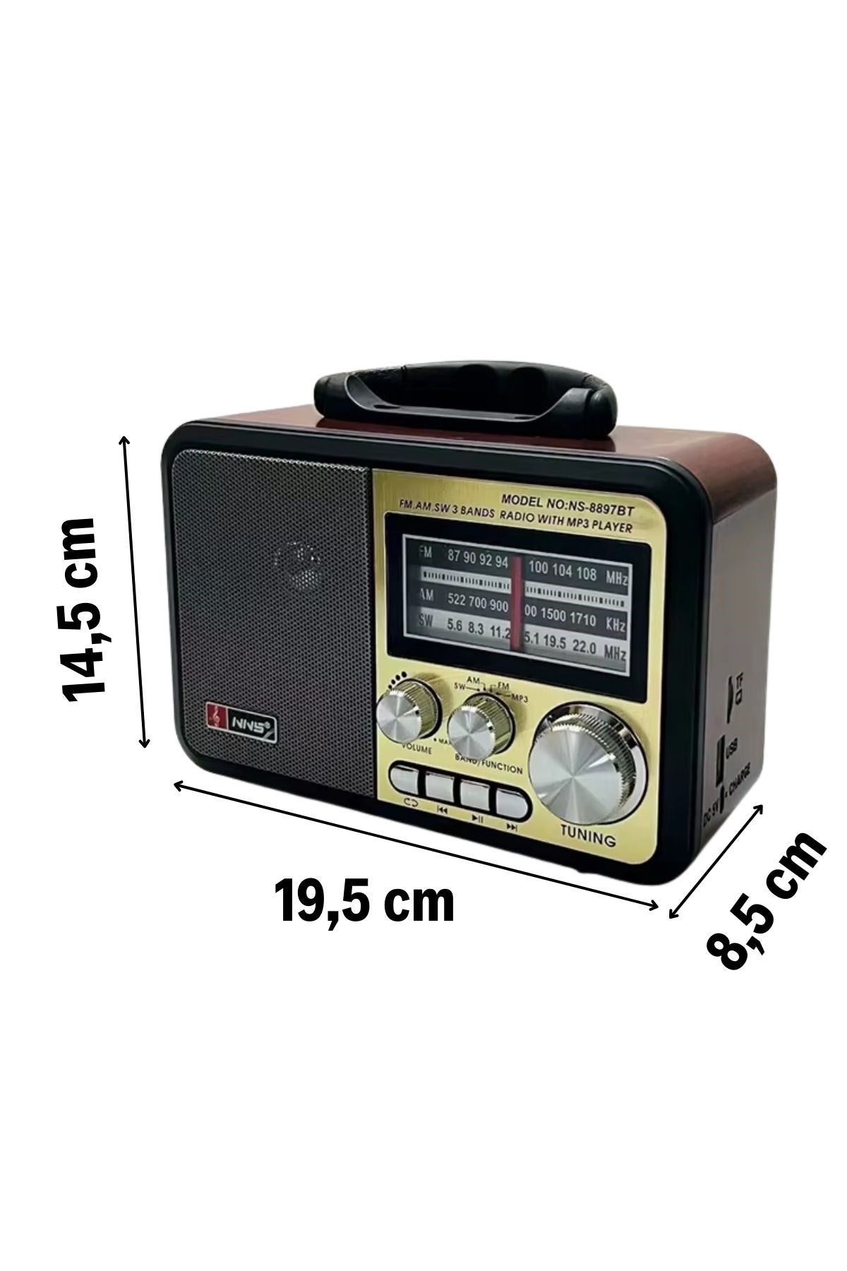 Orta Boy Retro, Nostaljik, Ahşap Tasarım Bluetooth Hoparlörlü, Şarjlı, Taşınabilir FM/AM Destekli Radyo NS-8897