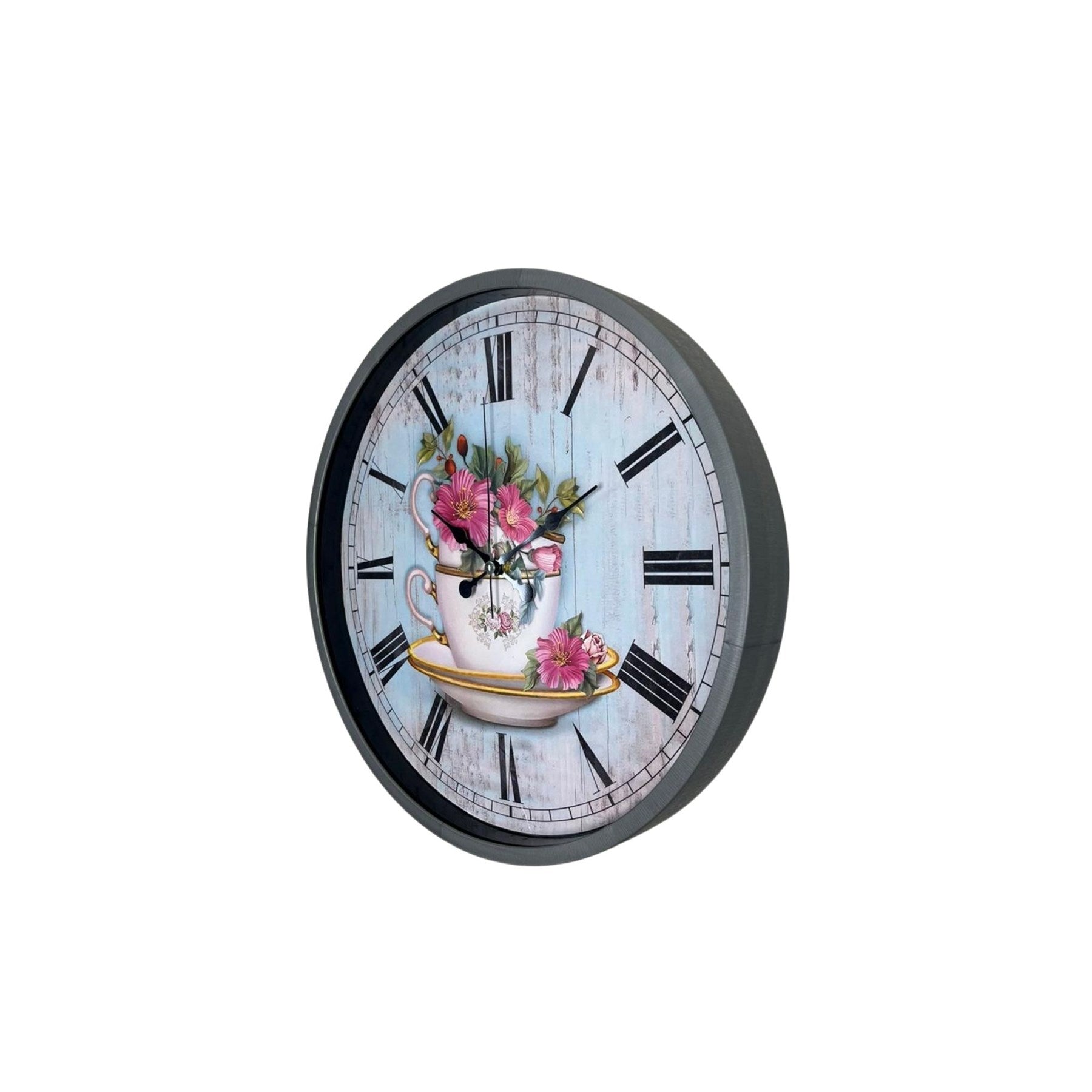 Gri Flower Cup 36 Cm Duvar Saati