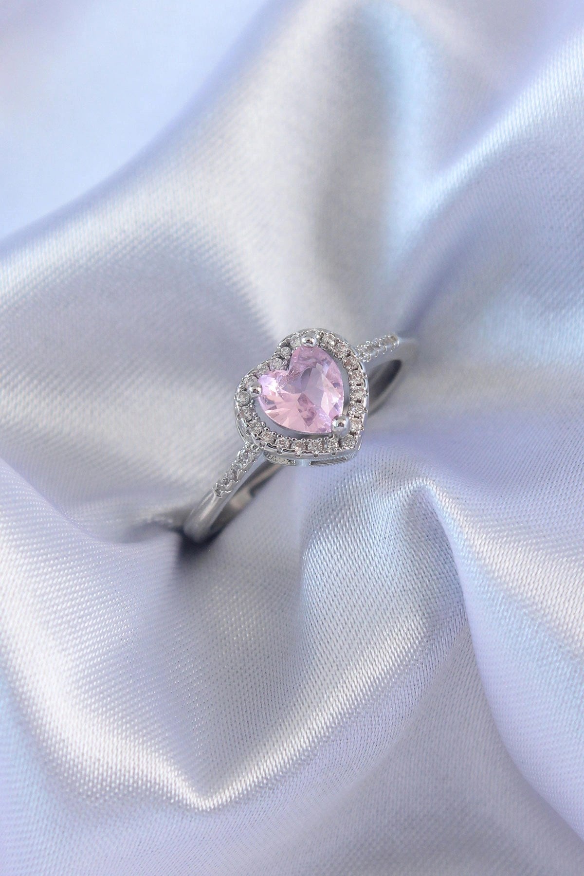Mey İthalat® Gümüş Renk Pembe Zirkon Taşlı Kalp Charm Model Pirinç Kadın Yüzük