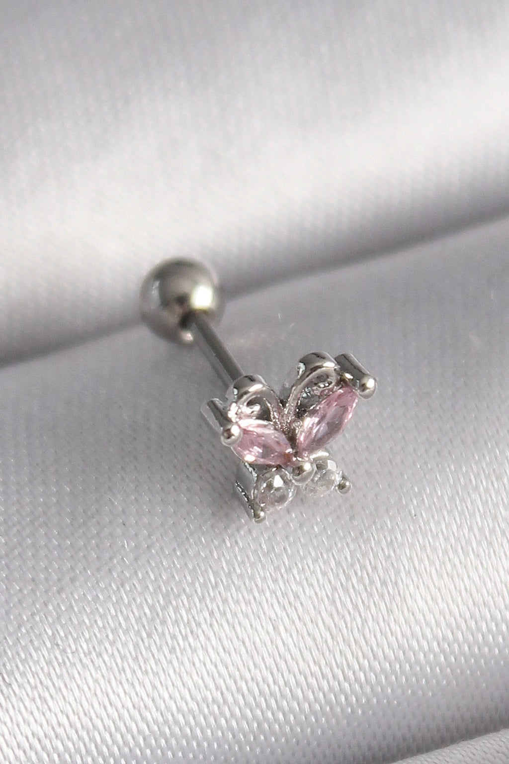 Mey İthalat® 316L Çelik Gümüş Renk Pembe Zirkon Taşlı Kelebek Tragus Piercing