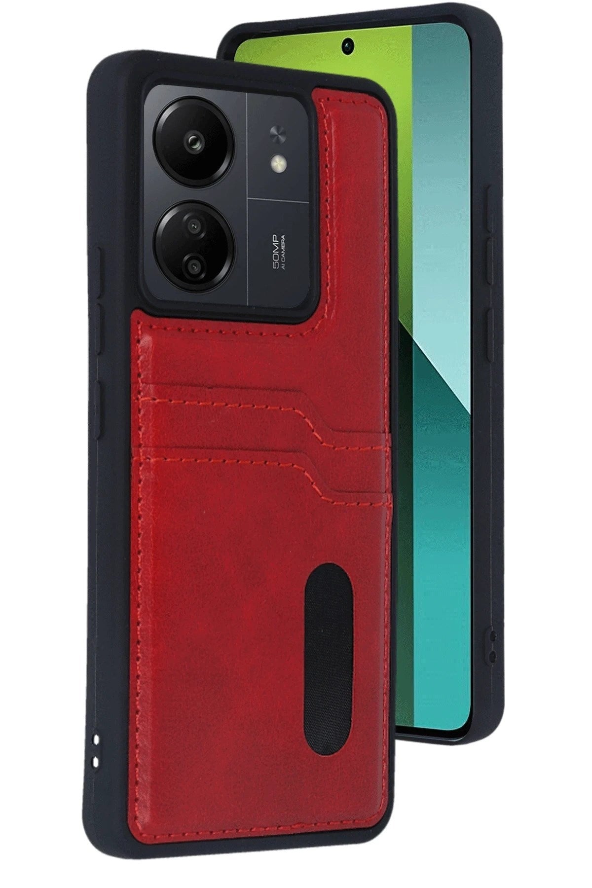 Mey İthalat® Redmi 13C Kılıf Sara Kartvizitli Deri Kılıf - Kırmızı