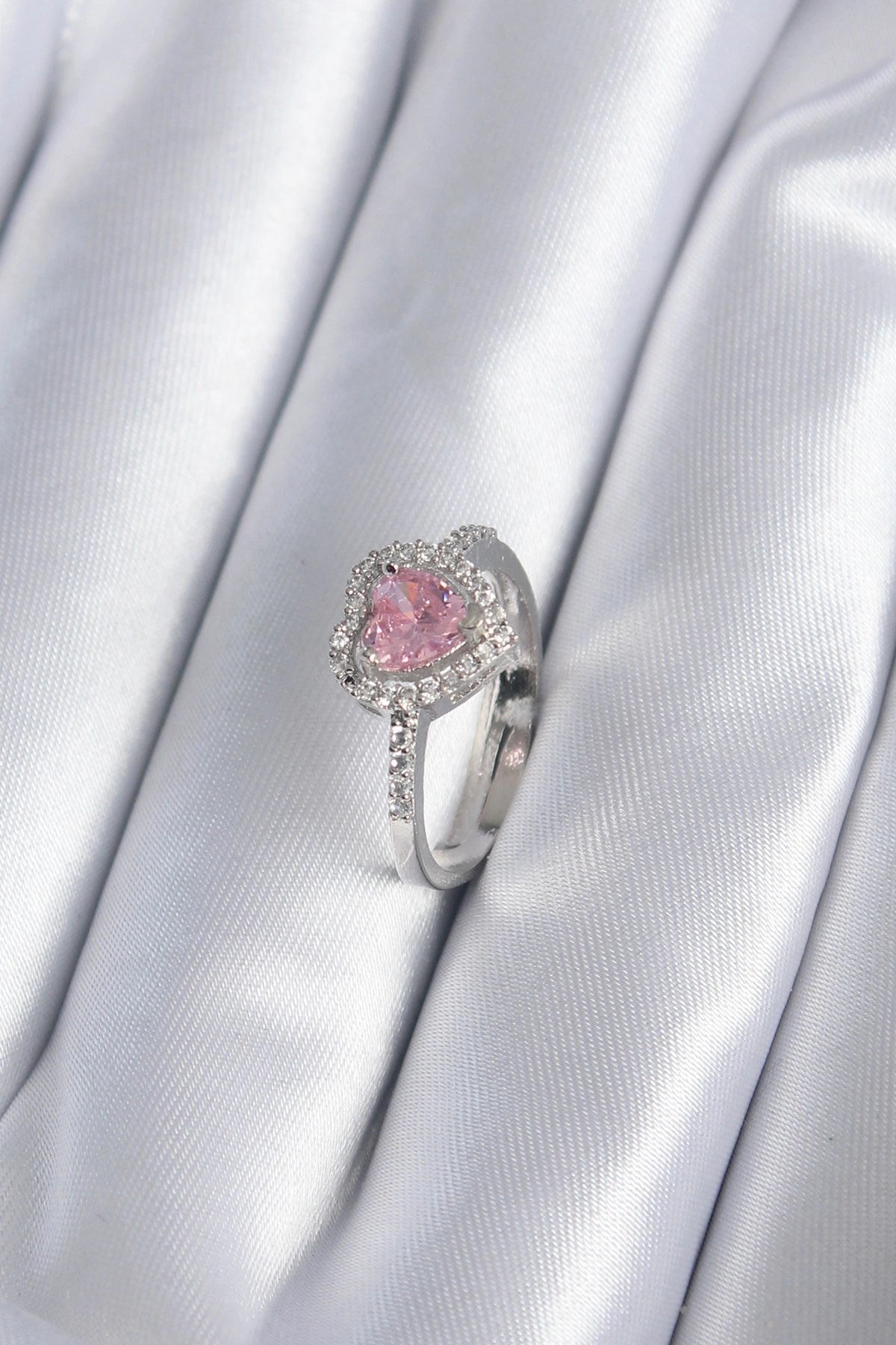 Mey İthalat® Pirinç Gümüş Renk Pembe Zirkon Taş Kalp Charm Model Kadın Yüzük