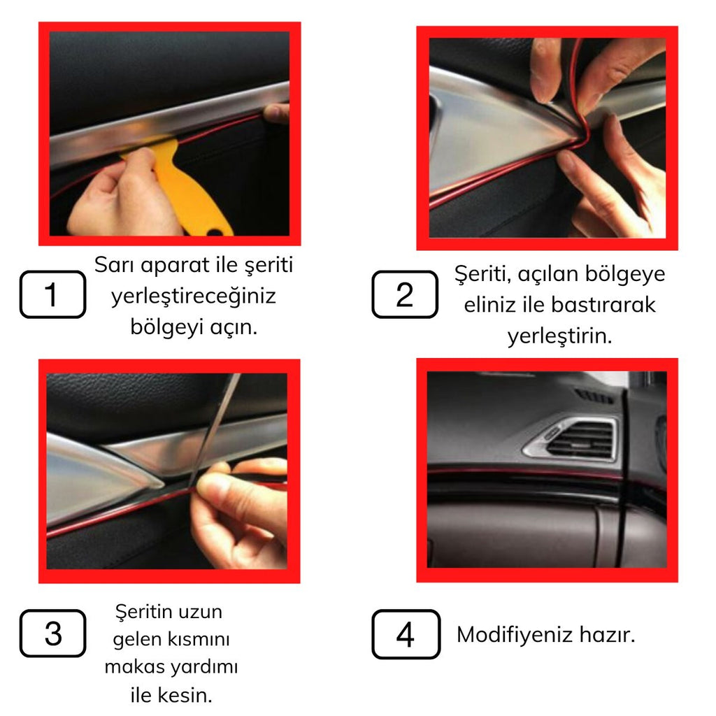 Kırmızı Araba OtoTrim Dekorasyon Şeridi Kauçuk Elastik Kolay Kurulum 5 metre Şerit Bant