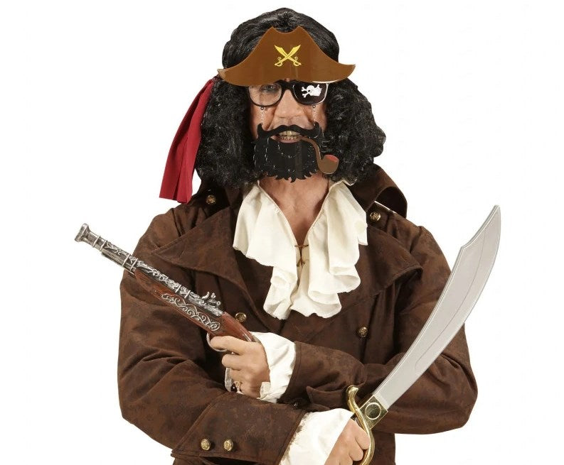 Mey İthalat® Kahve Renk Şapkalı Siyah Sakallı Pipolu Jack Sparrow Denizci Korsan Gözlüğü 24x25 cm
