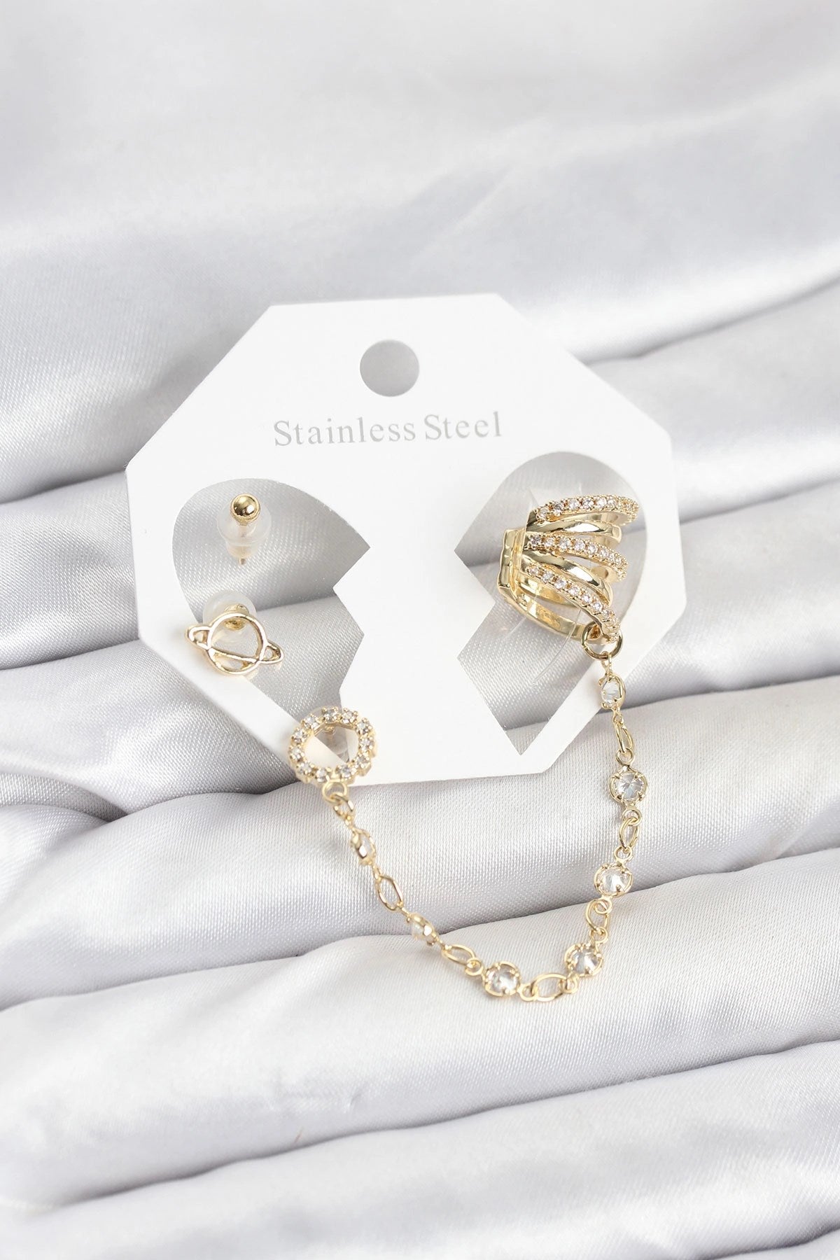 Mey İthalat® Uzay Model Pirinç Gold Renk Zincir Bağlantılı Ear Cuff Küpe Seti