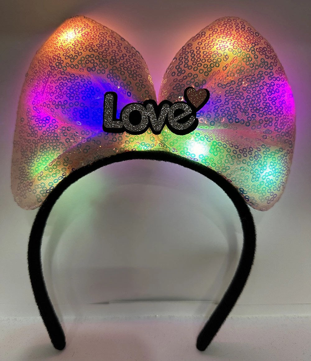 Mey İthalat® Led Işıklı 3 Farklı Fonksiyonda Yanan Gümüş Love Yazılı Toz Pembe Fiyonk Taç 20X17 cm