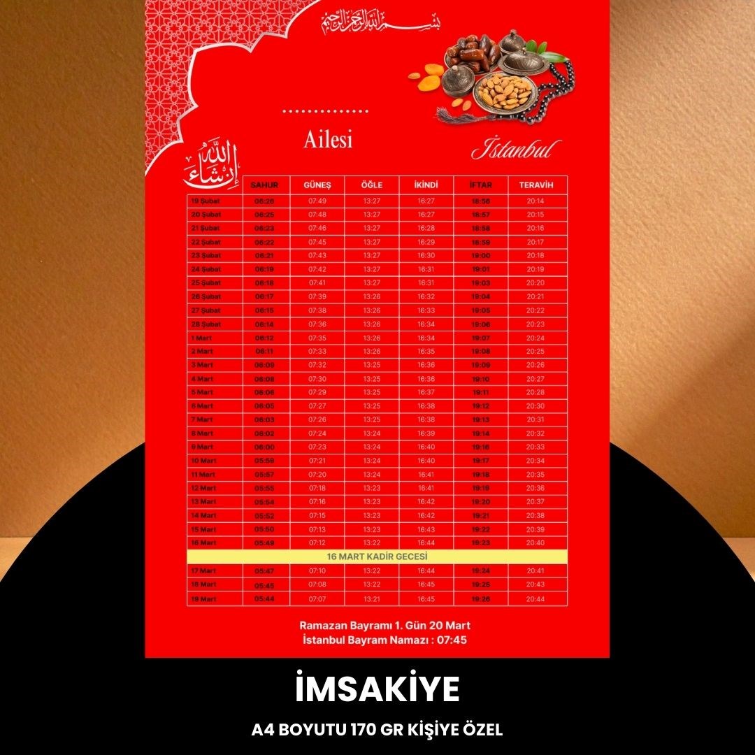 Ramazan İmsakiyesi - 170 Gr - A4 Boyut Kişiye Özel İsimli & Logolu 100 Adet Kırmızı