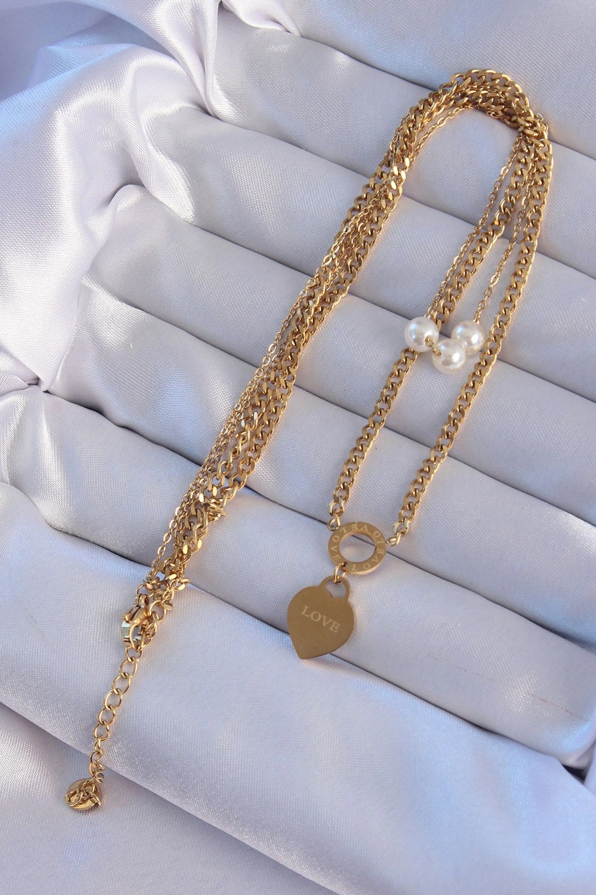 Mey İthalat® 316L Çelik Gold Renk Çift Zincir İnci Detayı Love Kalp Kolye
