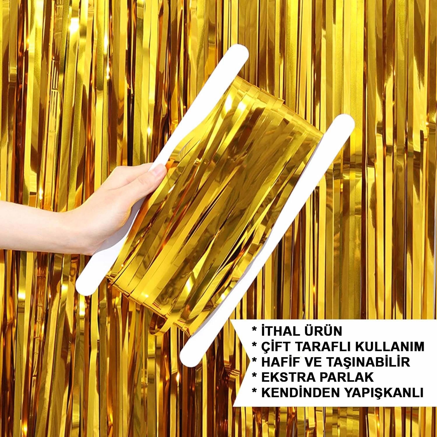 Mey İthalat® Altın Gold Renk Ekstra Metalize Parlak Saçaklı Arka Fon Perde İthal A Kalite 1x2 Metre