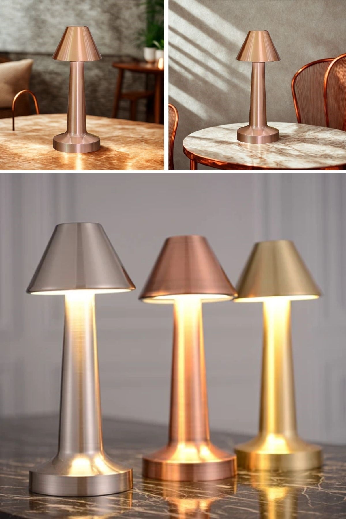 Çatı Model Bronz Renk Şarjlı Dokunmatik 3 Renkli LED Masa Lambası