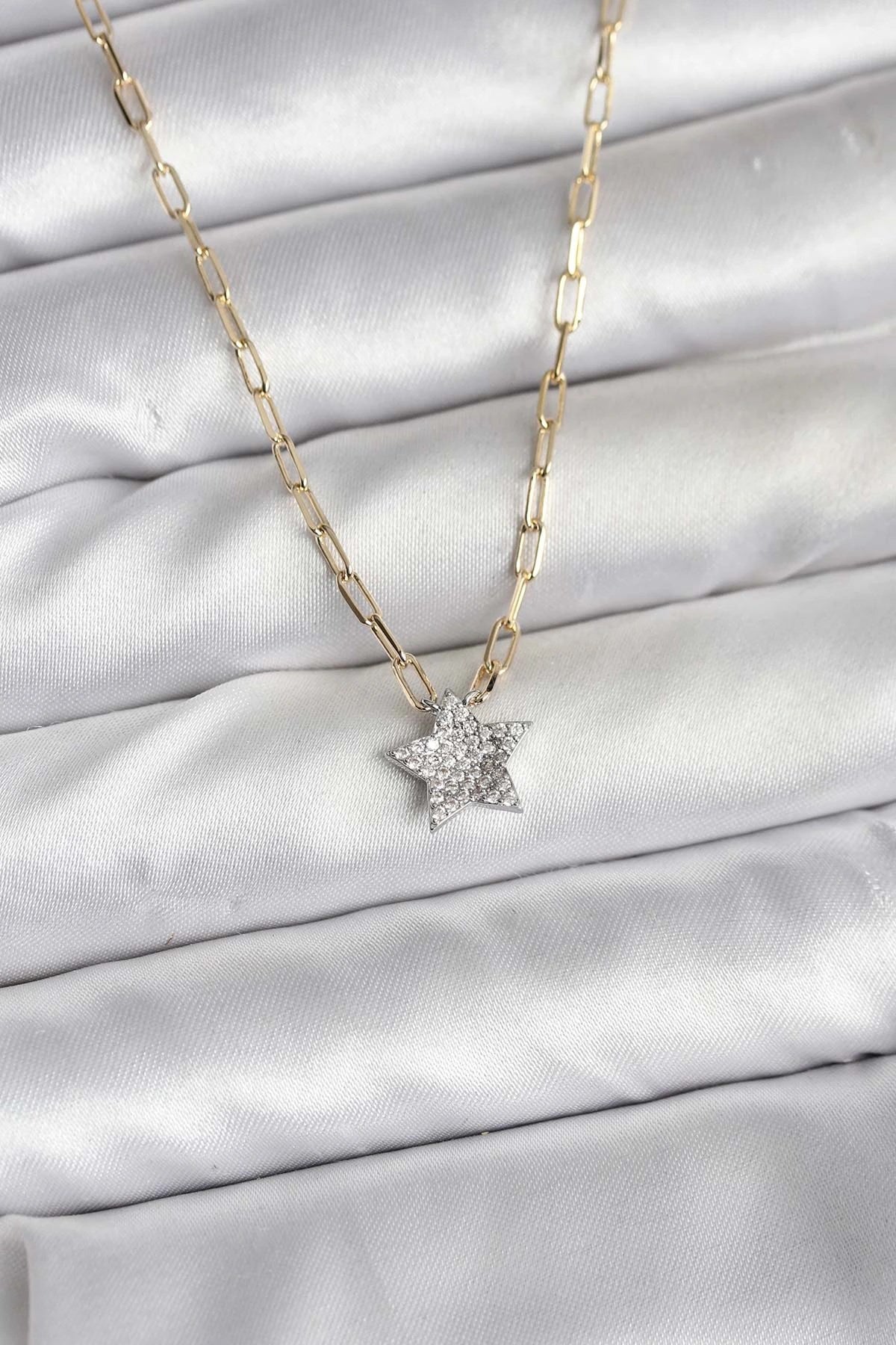 Mey İthalat® Pirinç Gold Renk Zincirli Zirkon Taşlı Minimal Yıldız Model Kadın Kolye