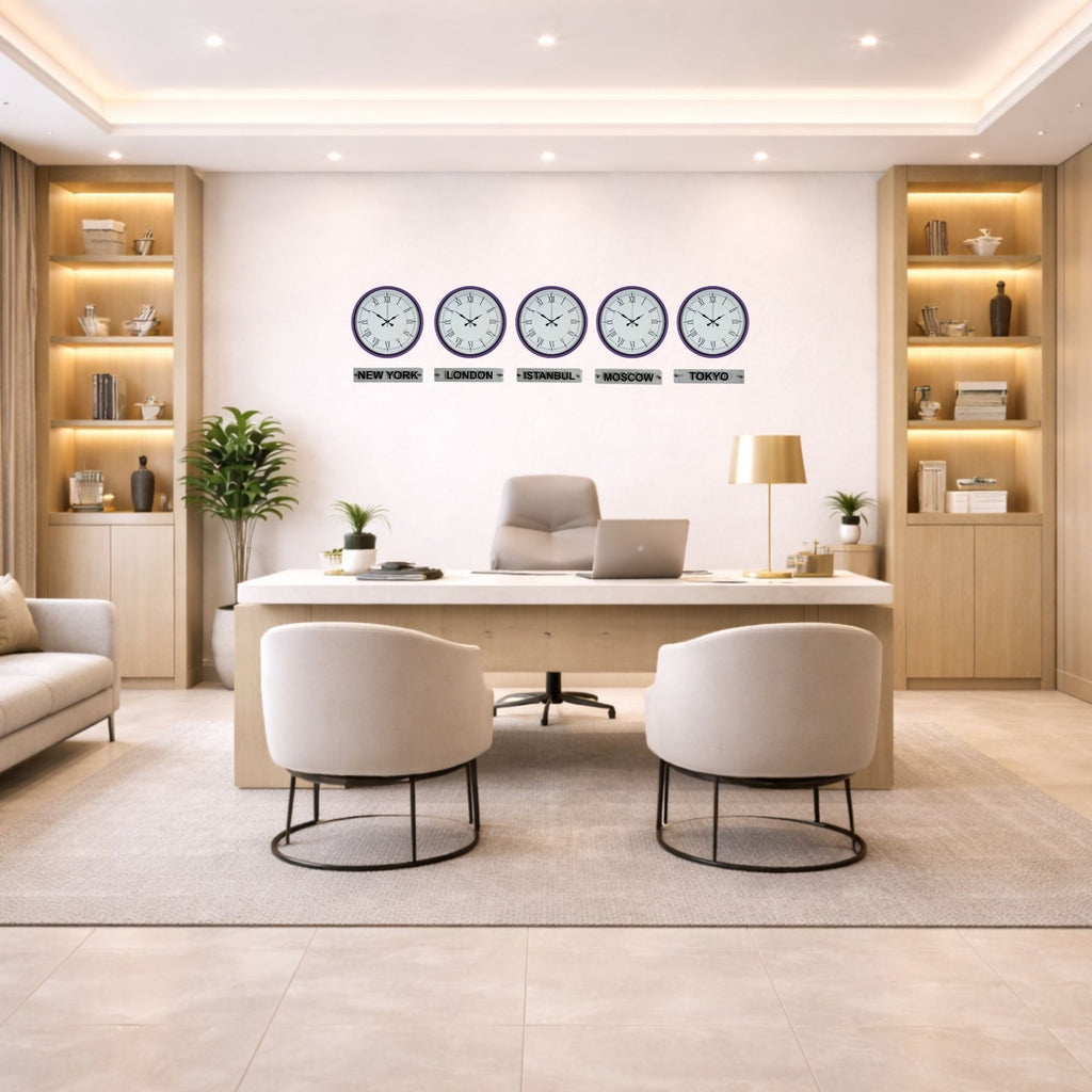 Modern Mor 36 Cm 5 li Tabealalı Dünya Saatleri