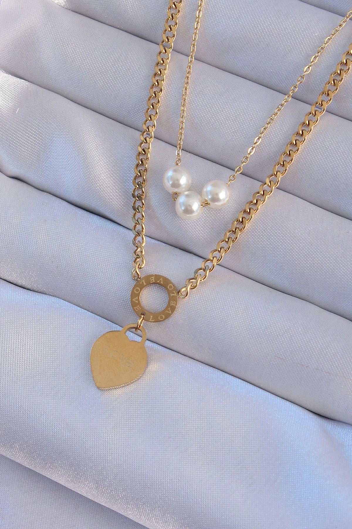 Mey İthalat® 316L Çelik Gold Renk Çift Zincir İnci Detayı Love Kalp Kolye