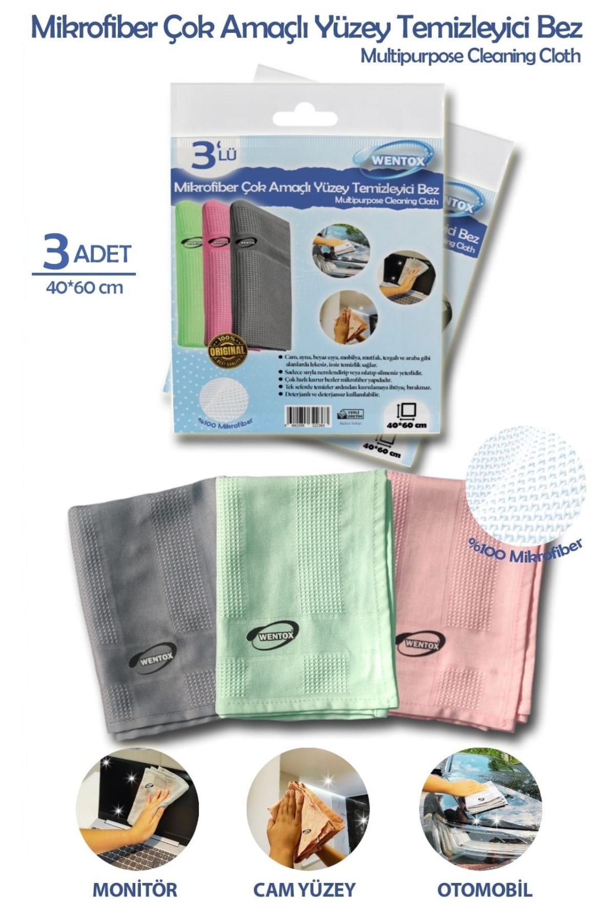 İz Bırakmayan Mikrofiber Temizlik Bezi 3'lü Set Cam ve Ayna Silme Toz Alma Temizlik Bezi