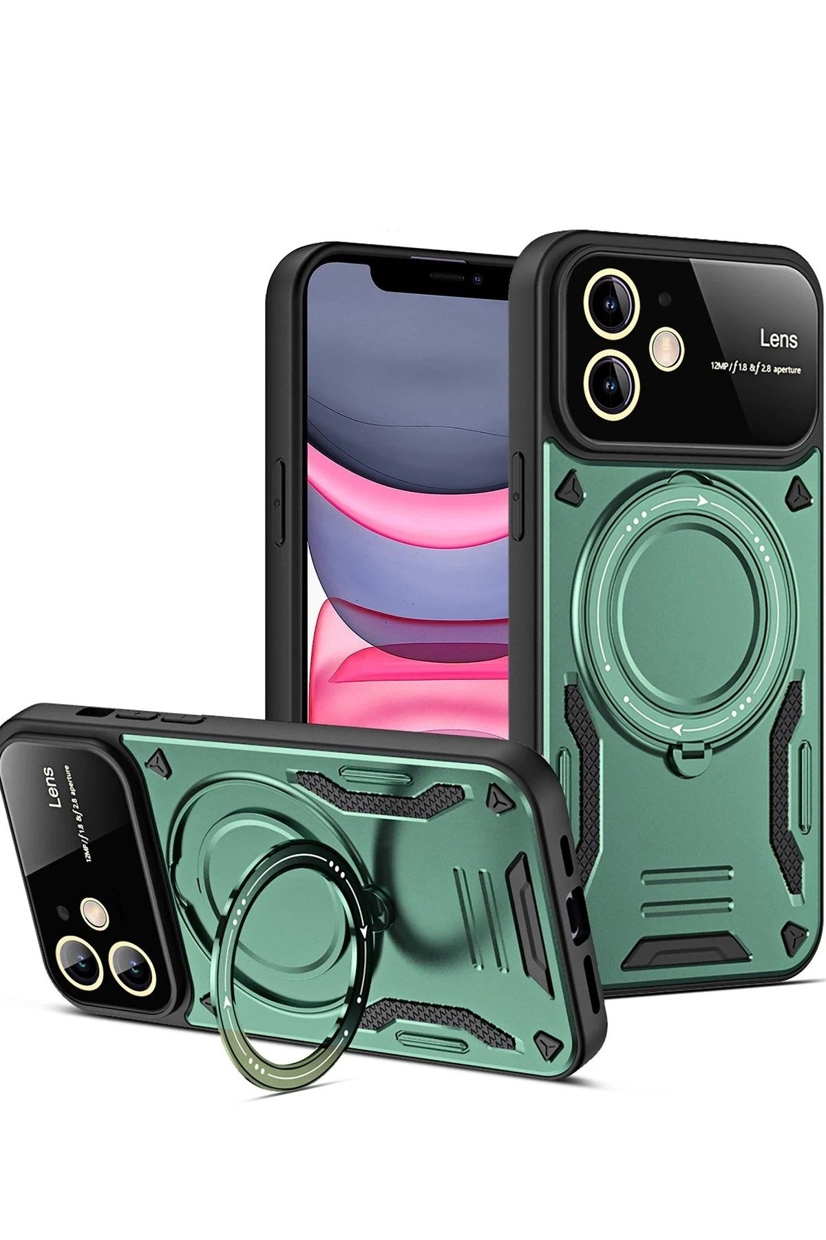 Mey İthalat® iPhone 11 Kılıf Joy Lens Standlı Kapak - Koyu Yeşil